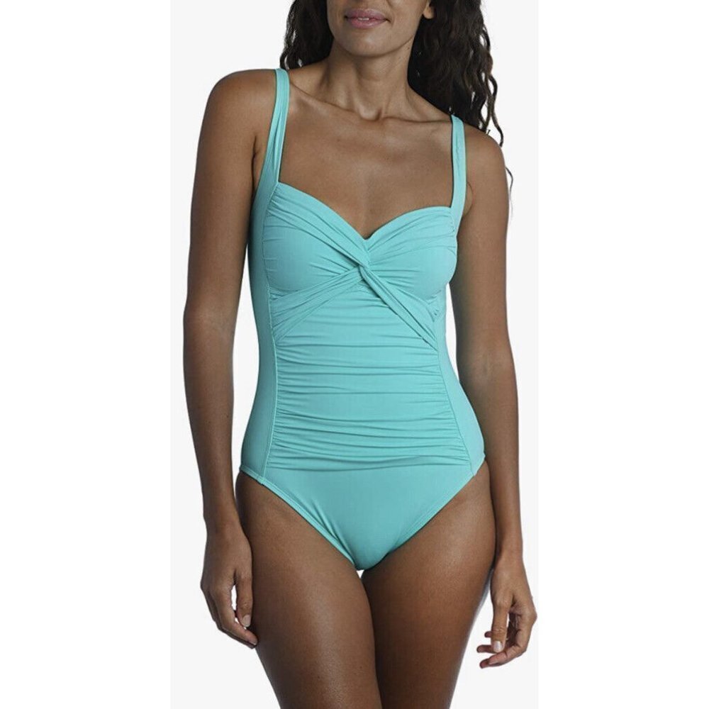 La Blanca Rouched Front Bandeau One Piece Swimsuit Size 10 Swimwear Aquamarine